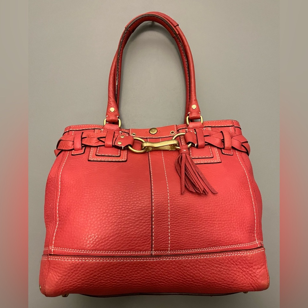 Coach Hampton Carryall Coral Orange/Red Leather Tote Satchel